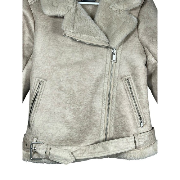 Abercrombie & Fitch Women’s Faux Suede Shearling Moto Biker Jacket Size M Tan - Picture 3 of 14